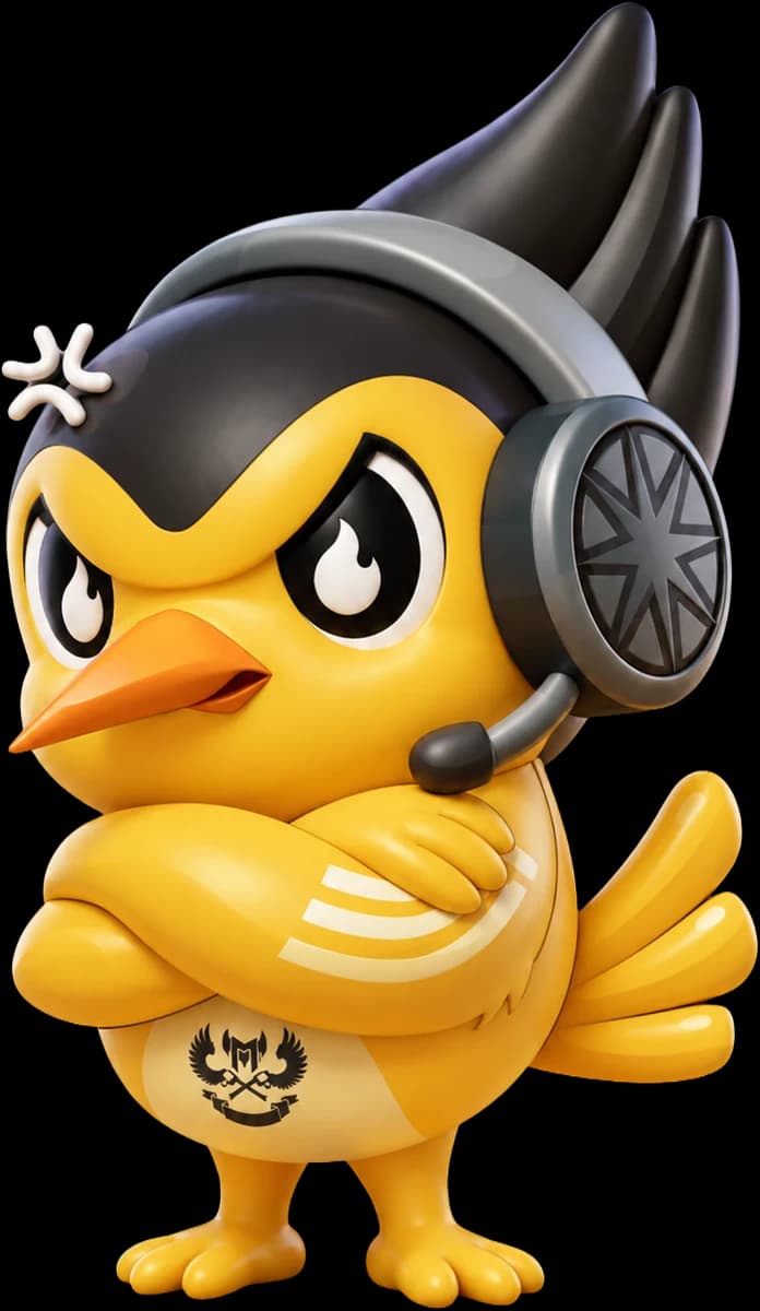 GAMily as The Warrior, a fierce yellow Lạc bird mascot with a gaming headset, arms crossed