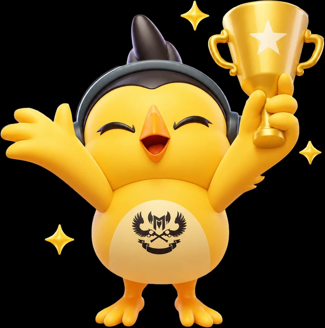 GAMily as The Fam, a yellow Lạc bird mascot cheering with a gold trophy