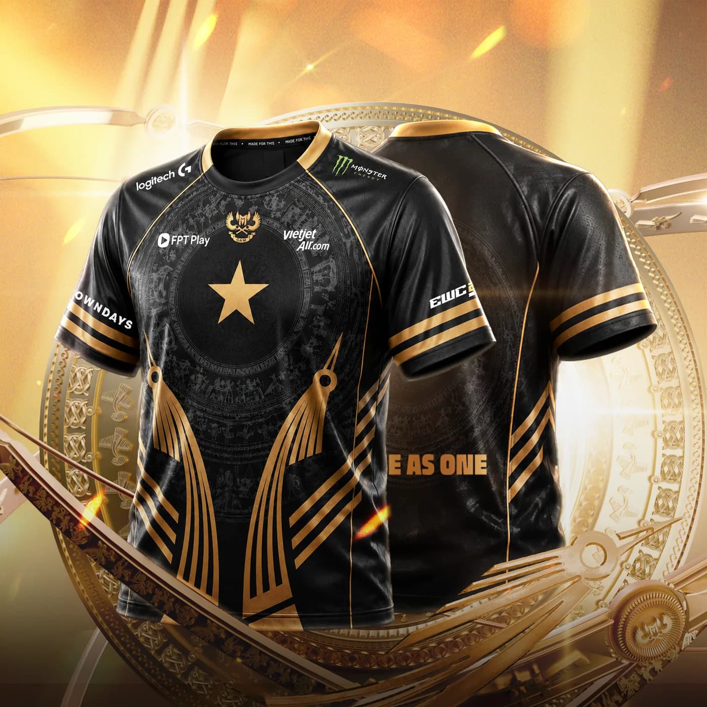 GAM 2026 Rise Reborn jersey key visual, front and back: a golden star over a Đông Sơn bronze-drum pattern, chim lạc bird wings, and the rally cry Rise As One, on a forged-gold background